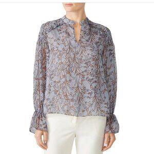 Slate & Willow Floral Chiffon Split-Neck Blouse Blue Gray Ruffle Cuffs Size L